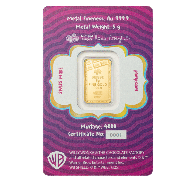5 Gram PAMP Willy Wonka Chocolate Design Pure Gold Bar 2025 - Image 2